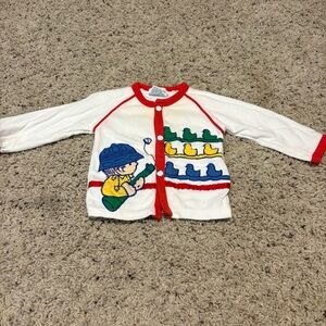 Vintage Baby White and Red Cardigan with Embroidered  Print